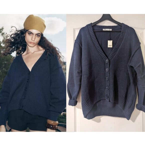 Zara | Oversized Pleated Sleeve Knit Cardigan In Navy - Picture 1 of 12